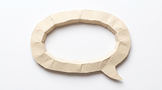 An oval speech bubble made of textured beige folded paper isolated on a clean white background for creative design or business communication.