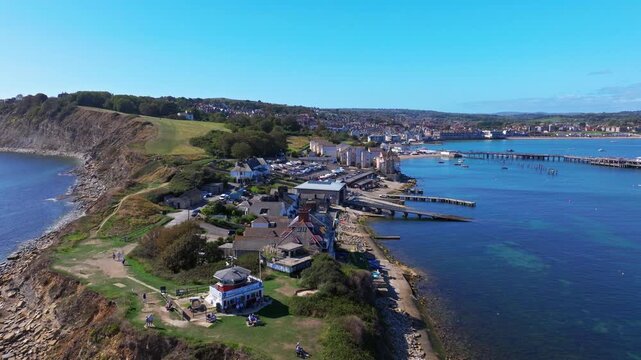 Aerial shot of Peveril Point, Durlston Bay and Swanage, Dorset, UK