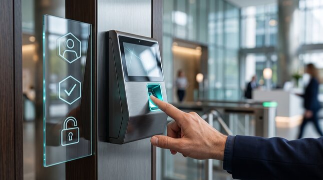 Person scanning fingerprint on biometric security access terminal at corporate office entrance