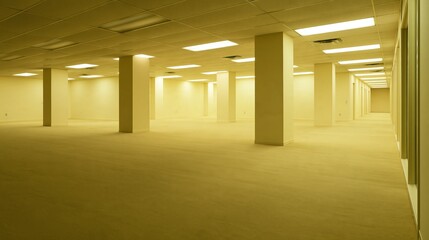 Obraz premium Vast, empty, brightly lit office space with columns and beige carpet, evoking a sense of isolation and repetition