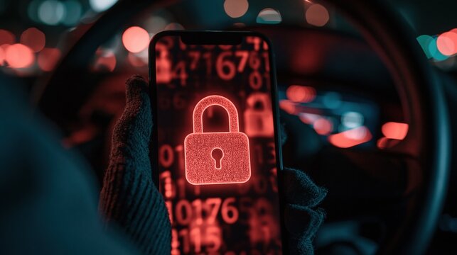 Cybersecurity lock icon glowing red on smartphone screen with blurred background of city lights at night