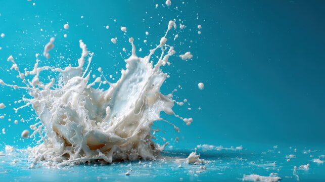 This image presents a dynamic splash of milk against a bright blue background, creating an engaging visual spectacle that conveys freshness and creativity.