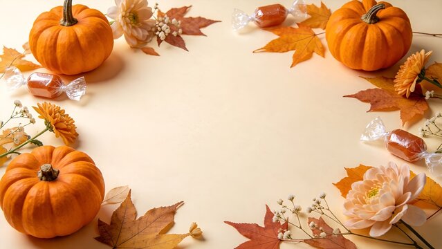 Cute autumn harvest halloween border frame, realistic orange pumpkins, sweet candies, maple leaves, apricot orange flowers, tiny white blossoms, copy space, pastel beige cream background