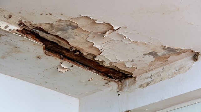 Damaged Ceiling Showing Water Damage, Peeling Paint, and Structural Deterioration