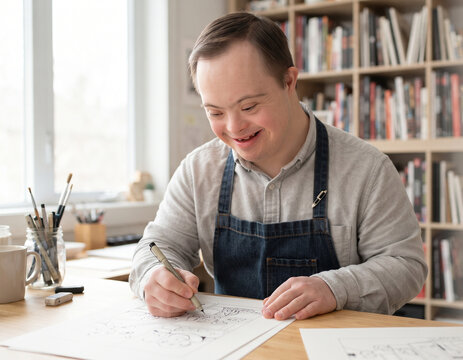 Focused male comic book artist with Down syndrome drawing illustrations on paper at a studio desk
