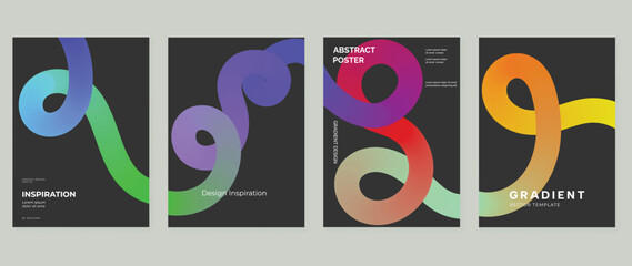 Obraz premium Colorful abstract vector poster set with looping gradient ribbons on dark background, modern geometric wall art and creative templates