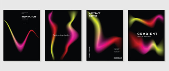 Fototapeta premium Neon abstract vector poster set with glowing wavy gradient lines on black background, vibrant futuristic wall art and design templates