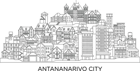 Obraz premium Antananarivo City Skyline Line Art Illustration with Historic Buildings and Urban Architecture