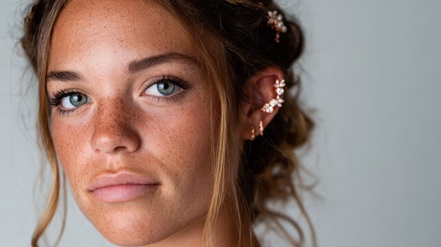 A close-up portrait showcasing a young woman with sparkling eyes and a confident expression, highlighting the beauty of individuality and personal empowerment.