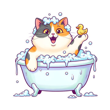 Cute Cartoon Calico Cat Enjoying a Bubble Bath with a Rubber Duck.