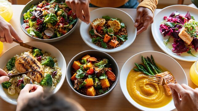 Overhead view of diverse, healthy, and colorful homemade meals shared by friends and family at a table