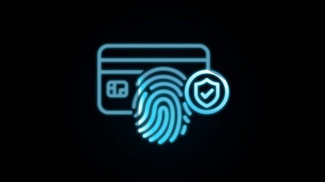 Payment Card Fingerprint and Shield Neon Icon Animation