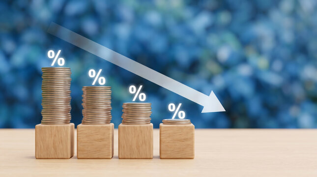 Coins stacked decrease with falling interest rate symbol and arrow. Finance investment recession crisis. money budget saving expense, value reduction down decayed, risk loss