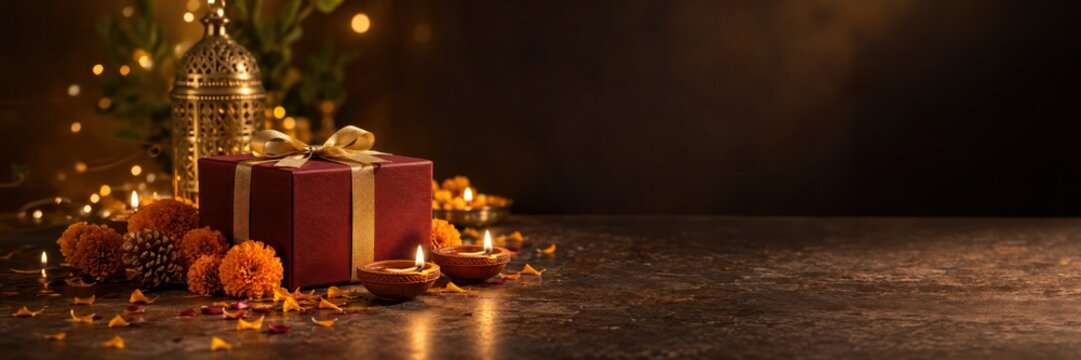 Diwali gift box with diyas and marigolds, wide dark copy space for festive holiday advertising