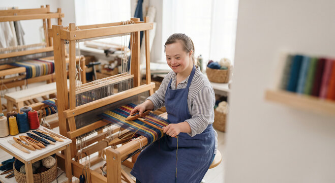 Happy female weaver with Down syndrome using a wooden loom to create colorful fabric in a textile studio