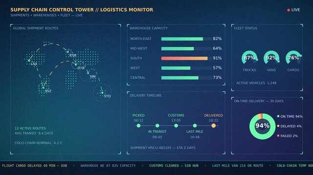 Supply chain logistics dashboard animation with shipment route map, warehouse capacity and fleet tracking, data visualization