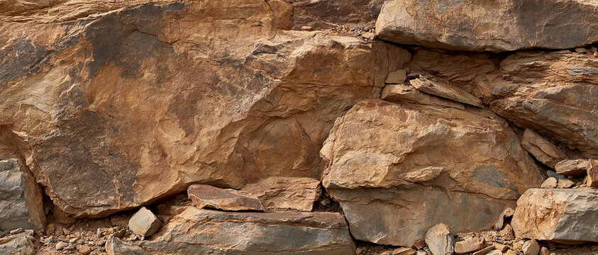 Detailed view of a rugged natural rock wall, showcasing its coarse textures, deep fissures, and a rich palette of earthy brown, ochre, and grey tones, perfect as a geological or abstract