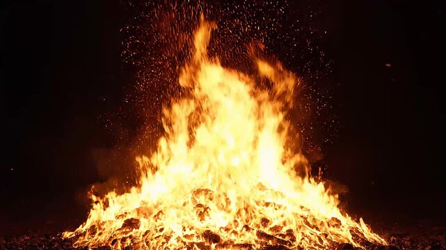 Fiery Explosion and Burning Bonfire Flame with Flying Sparks on Black Background