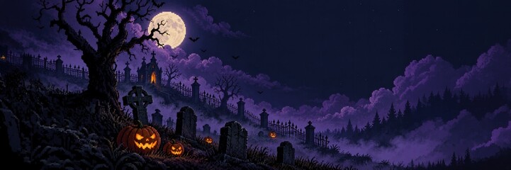 Obraz premium Halloween cemetery with glowing pumpkin under full moon and wide copy space for panoramic banner