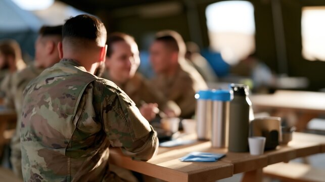 Military personnel in uniform sharing a meal inside a temporary tent during a deployment or training exercise