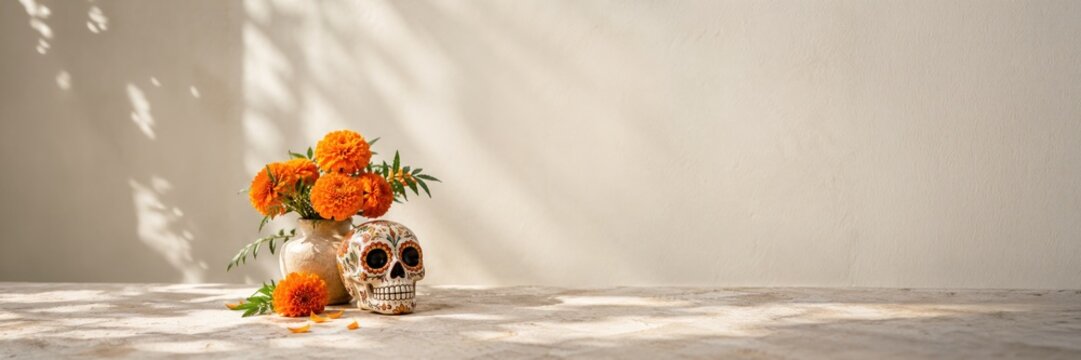 Day of the Dead marigolds and sugar skull on white wall with large copy space for memorial banner