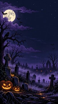 Halloween cemetery with glowing pumpkins under full moon, large sky copy space for vertical poster