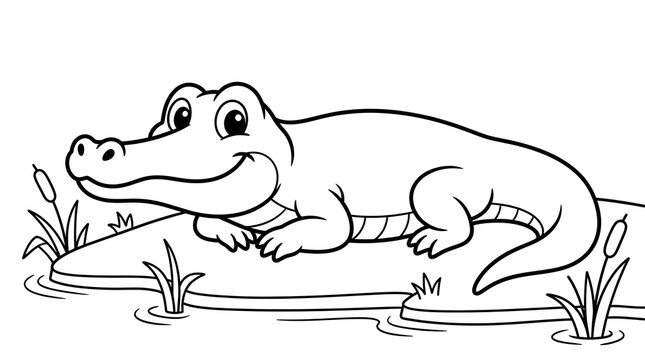 Smiling cartoon crocodile resting in water with plants