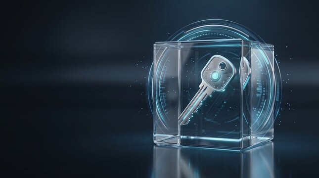 Digital security key inside glass cube.