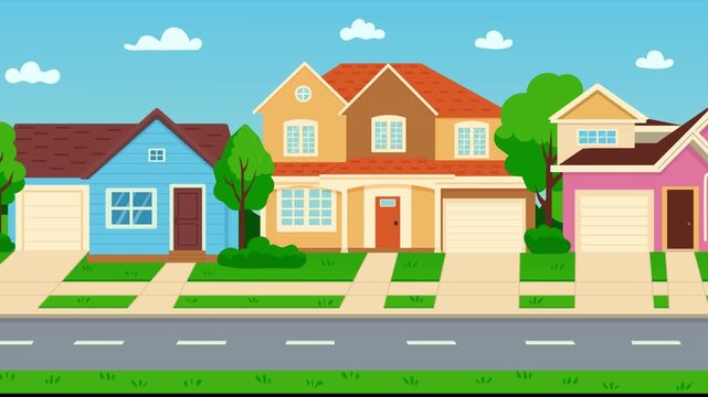 Colorful suburban houses move smoothly across the frame as clouds drift through a blue summer sky. Animated residential street with green lawns, trees and gardens.