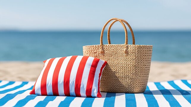 Beach Essentials: Striped Cushion and Woven Bag on a Towel with Ocean Background