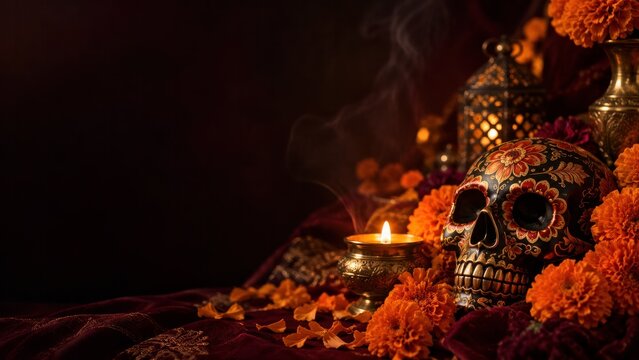 Day of the Dead sugar skull and marigolds with dark copy space for memorial advertising