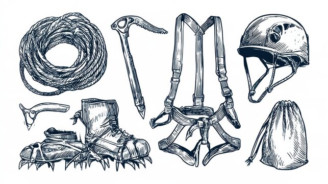 Vintage mountain climbing gear such as a coiled climbing rope, carabiner, harness, ice axe, and crampons on a white background.