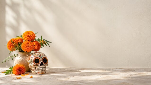Day of the Dead skull and marigolds on sunlit table with large copy space for holiday design