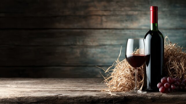 An artistic presentation of a red wine bottle and glass, set against a rustic wooden background, conveying a sense of luxury and indulgence.