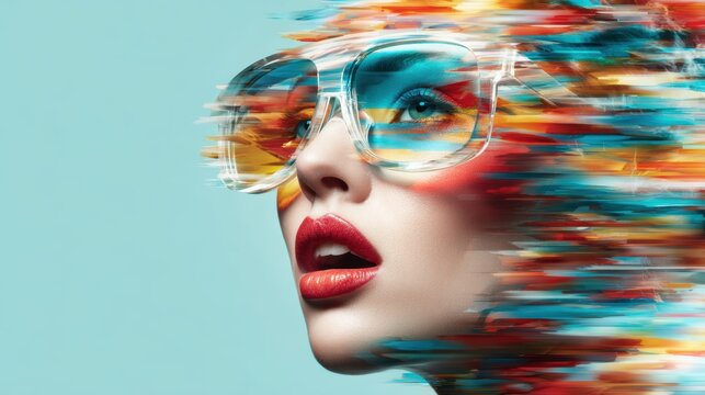 A striking portrait of a woman with colorful motion effects around her, conveying a sense of dynamism and creativity that showcases the intersection of beauty and abstract artistry.