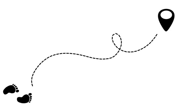 Human footprints on a dashed line path to a final waypoint pin. Winding path marked by dotted lines and stylized footprints. Concept of a journey, route or tracking movement to a final destination.