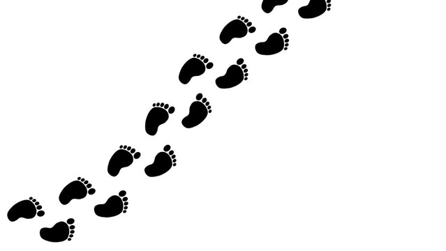 Black baby footprints trail walking diagonally across a white background. Baby footprints tracking path. Footstep silhouette, human journey, movement, path following, discovery, tracing