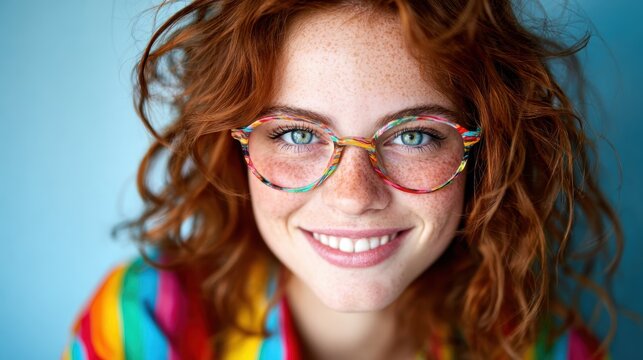 A cheerful girl with vibrant red curls and colorful glasses is smiling warmly, embodying a sense of joy and playfulness, making this image truly captivating.