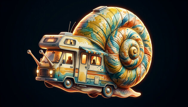 Surreal vintage RV camper van with a colorful giant snail shell, whimsical watercolor illustration on dark background