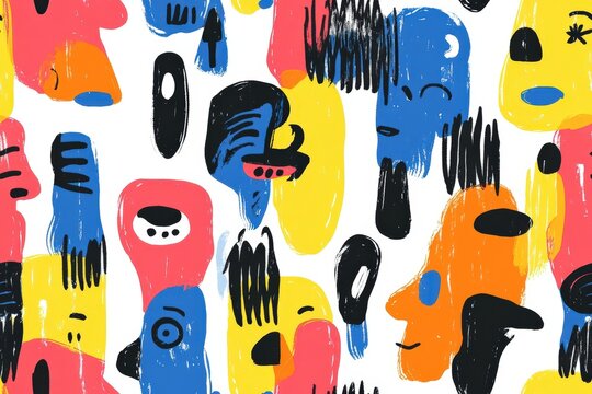 Abstract pattern of colorful, expressive faces. Seamless pattern.