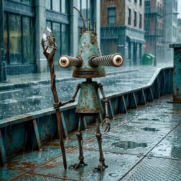 Rusty Retro Robot Wizard Holding Crystal Staff in Rainy Futuristic City