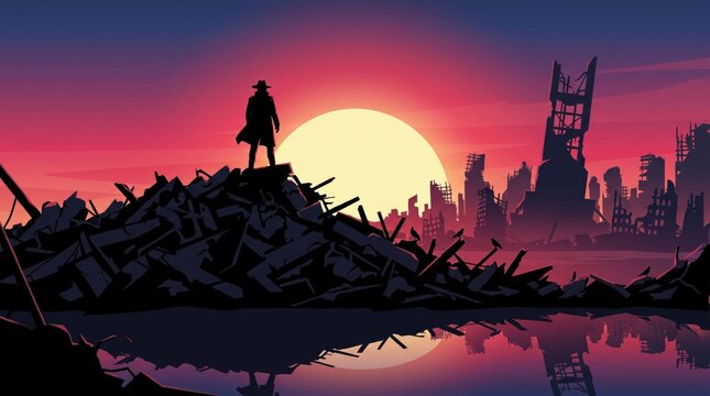 Post-apocalyptic wanderer standing on debris at sunset, survivor in ruined cityscape vector illustration, apocalyptic ruined city landscape silhouette