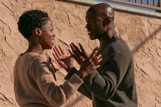 Man and woman having a heated emotional argument while standing outdoors against a wall surface