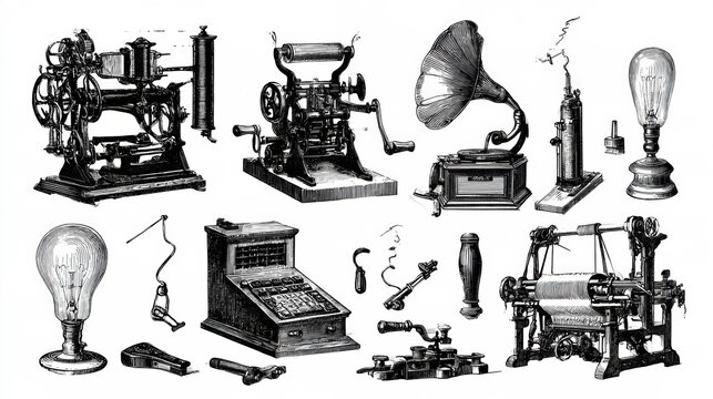 Sketches of Victorian inventions including a telegraph machine, phonograph, and electric light bulb.