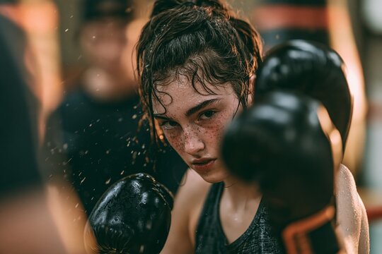 Sweaty young female boxer with freckles training in a gym wearing black boxing gloves