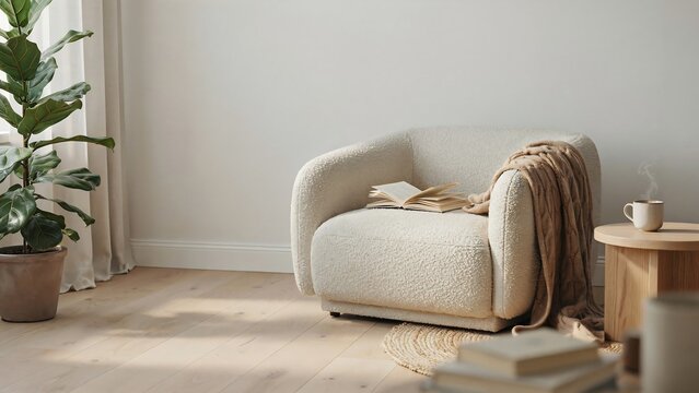 Soft beige curved sofa with a knitted throw, tall indoor plant, wooden floor, warm natural light, minimalist calm interior