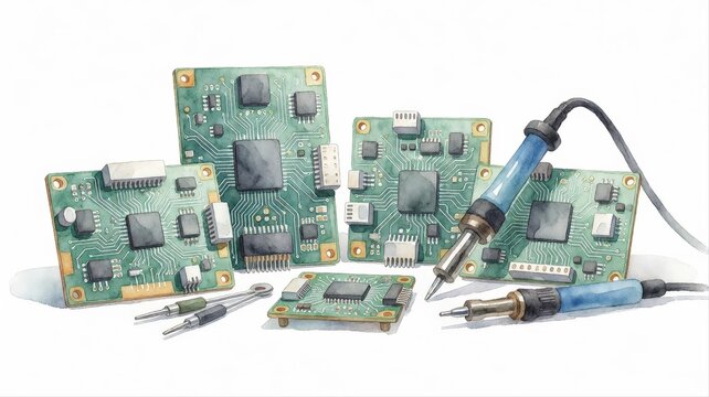 Various Printed Circuit Boards with Soldering Irons and Tools for Electronics Repair