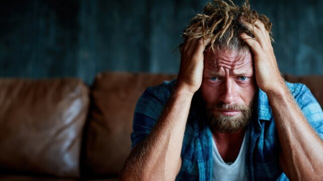 A troubled young man in a casual setting conveys deep emotional struggle, reflecting themes of stress and introspection in a poignant, relatable manner.