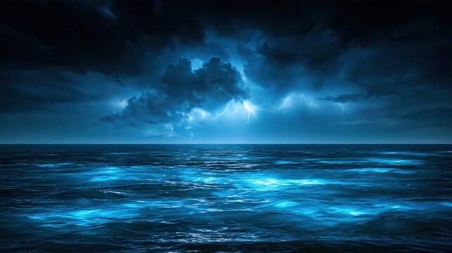 Stormy ocean with lightning and glowing water