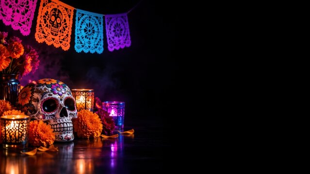 Day of the Dead sugar skull altar with papel picado and wide black copy space for festive banner